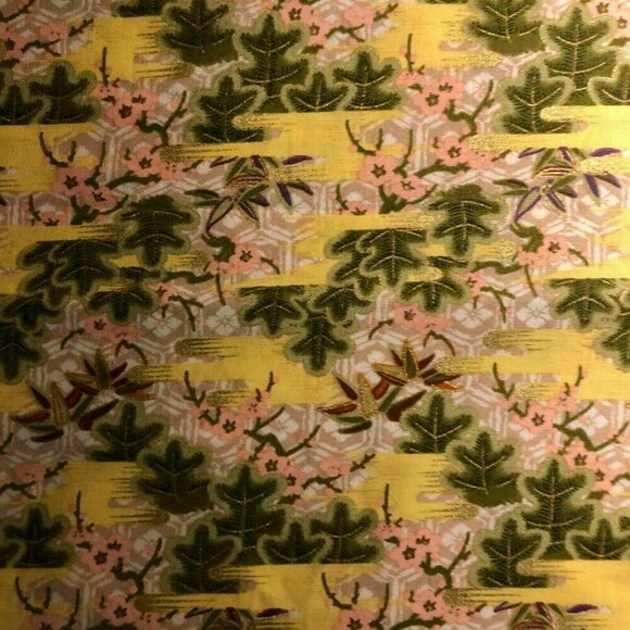 BTY Asian Gilded Floral Yellow and Green COTTON FABRIC QUILT Material Craft #11 - Picture 1 of 2